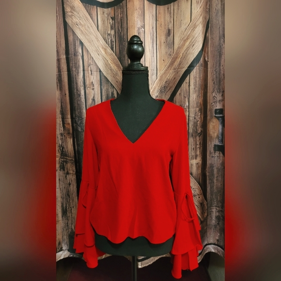 Red V-Neck Frill Split Drawstring Tie Sleeve Top - Picture 1 of 6